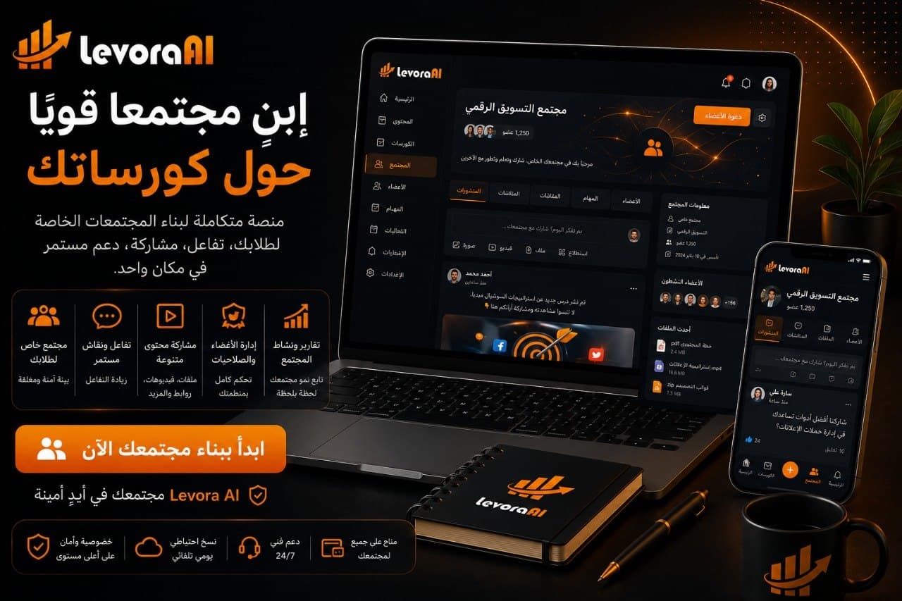 Modern Levora AI learning community workspace interface on laptop and mobile screens featuring member management, discussion feeds, file sharing, and interactive student engagement tools