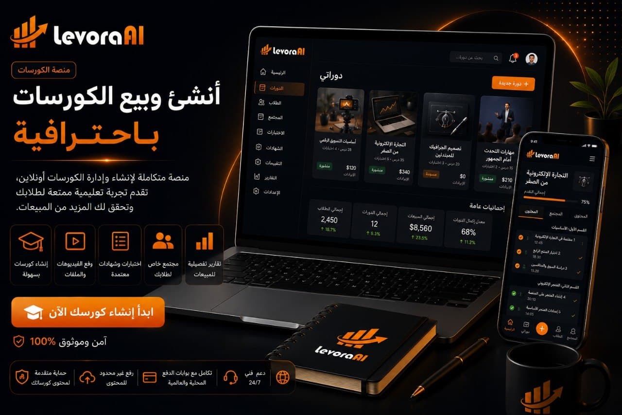 Modern online learning dashboard interface displaying course modules, student tracking, and digital training operations in Levora AI